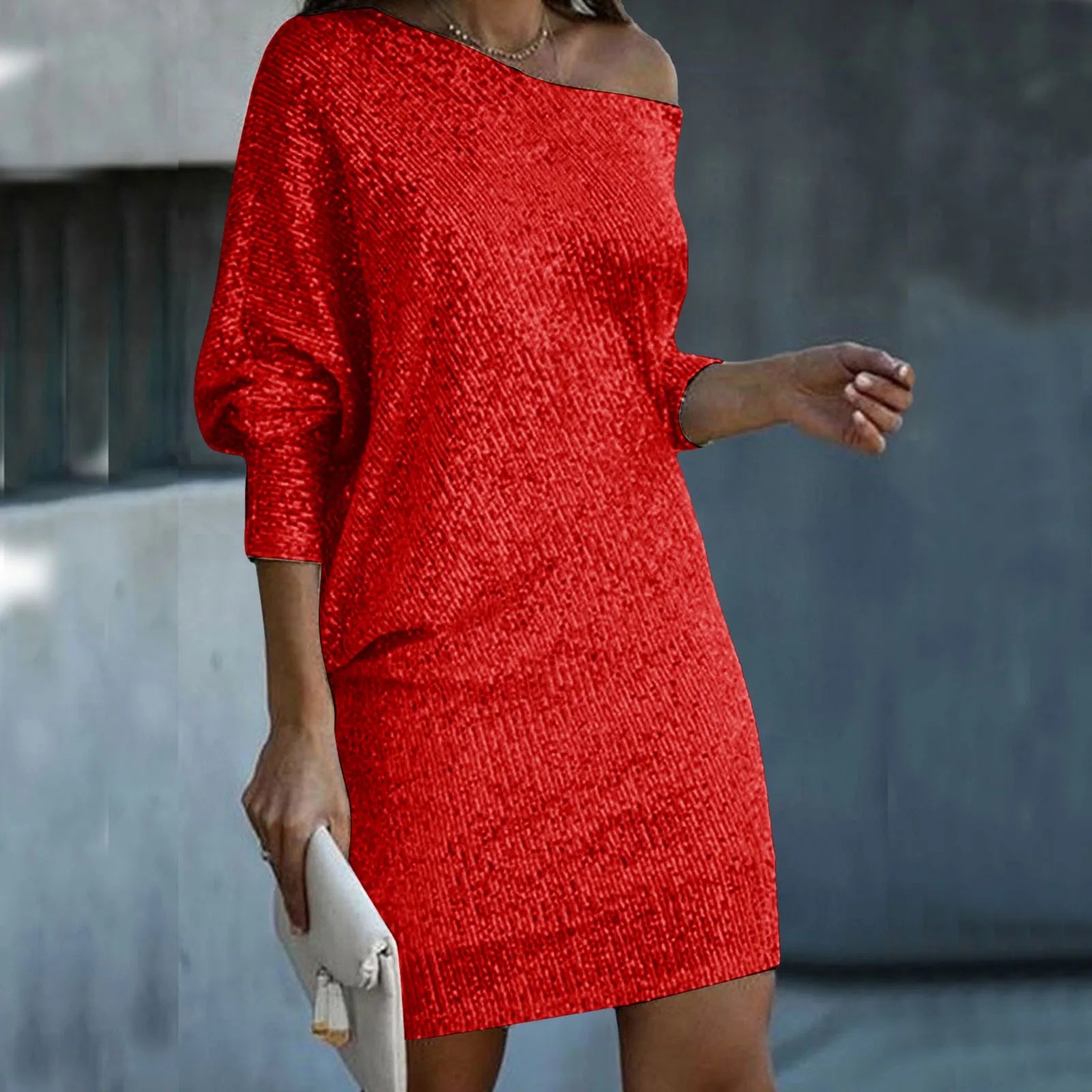 Sequined Party Dresses Women's Sexy One Shoulder Ankle Length Midi Dress Pullover Solid Color Evening Club Party Dress For Women