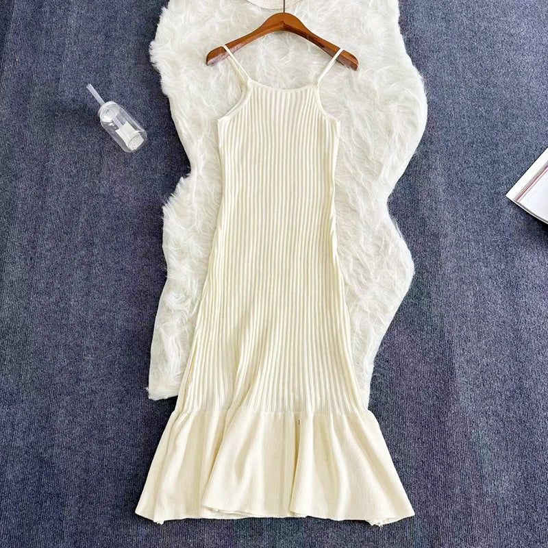 2024 Summer Knitted Bodycon Sexy Dress 2024 Sleeveless Ruffled Party Sundress High Street Elastic Slim Maxi Long  Dress