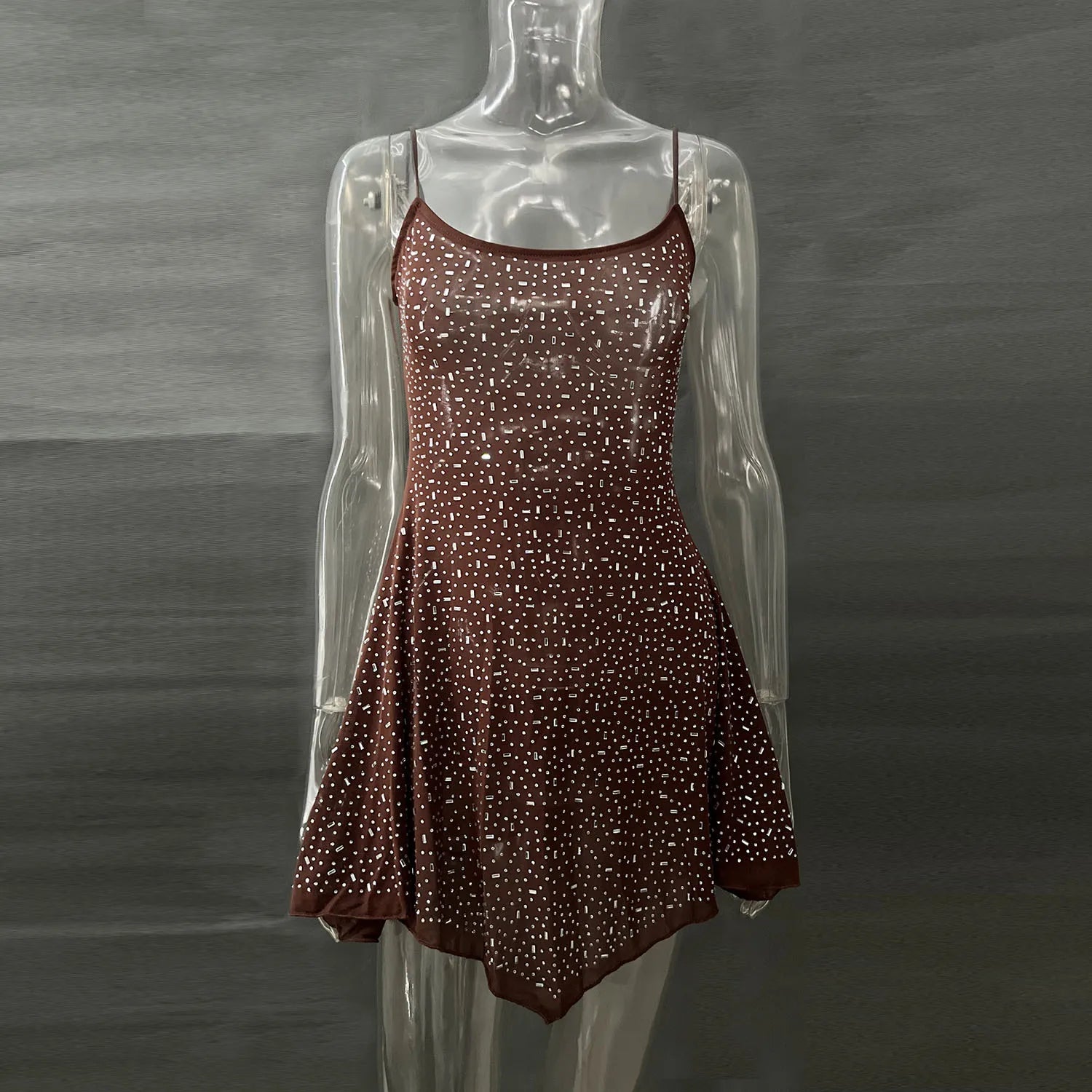 DGLUKE Spaghetti Strap Asymmetrical Mini Dress Sexy See Through Mesh Summer Dress Woman Sparkly Rhinestone Party Prom Dress