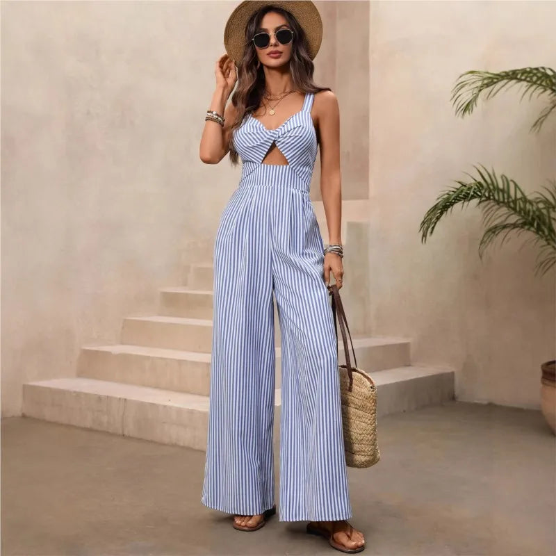 2026 new women's jumpsuit with elegant striped suspender comfortable hollow out fashionabl ev-neck sweet and versatile jumpsuit