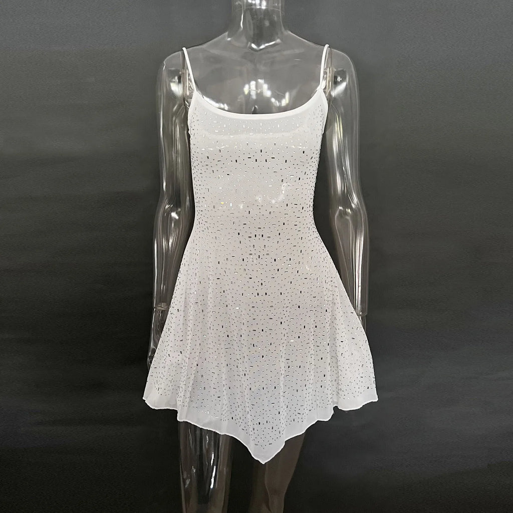 DGLUKE Spaghetti Strap Asymmetrical Mini Dress Sexy See Through Mesh Summer Dress Woman Sparkly Rhinestone Party Prom Dress