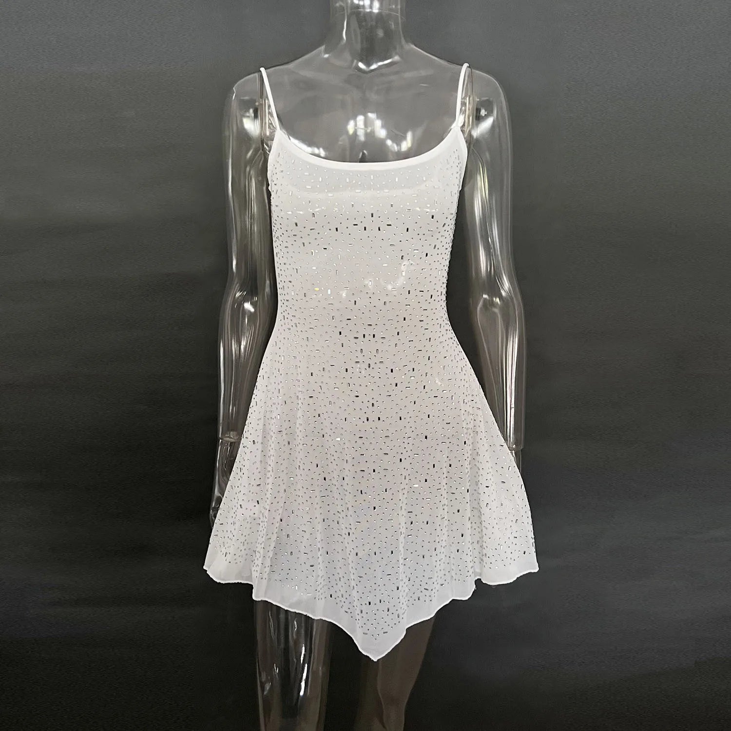 DGLUKE Spaghetti Strap Asymmetrical Mini Dress Sexy See Through Mesh Summer Dress Woman Sparkly Rhinestone Party Prom Dress