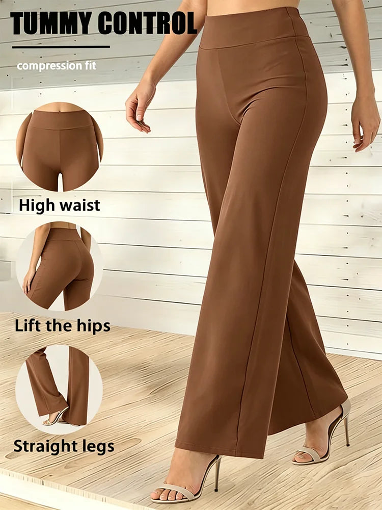 Women's high-waisted straight-leg pants - brown wide-leg pants, with a hip-raising design, suitable for casual and daily wear