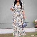 Dresses for Women Floral Print Maxi Dress Flowy 3/4 Sleeve with Belt