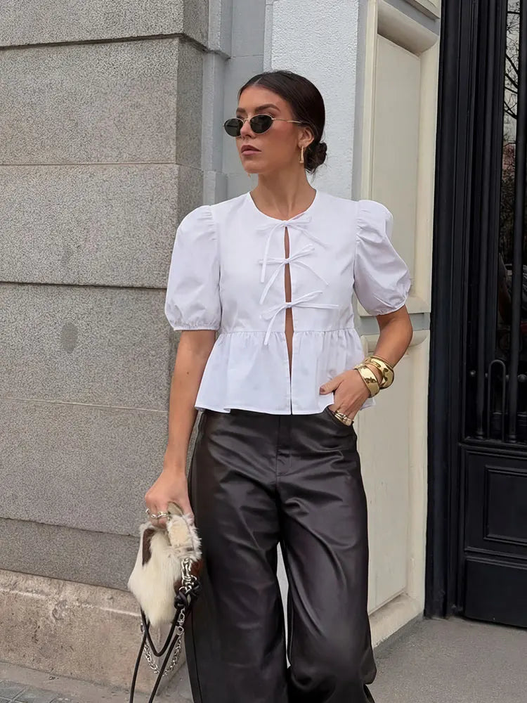 HH Women's Summer Tie Front Puff Sleeve Blouse Leopard Print Ruffle Hem Peplum Top Casual Daily Sweet Y2K Streetwear Short Shirt