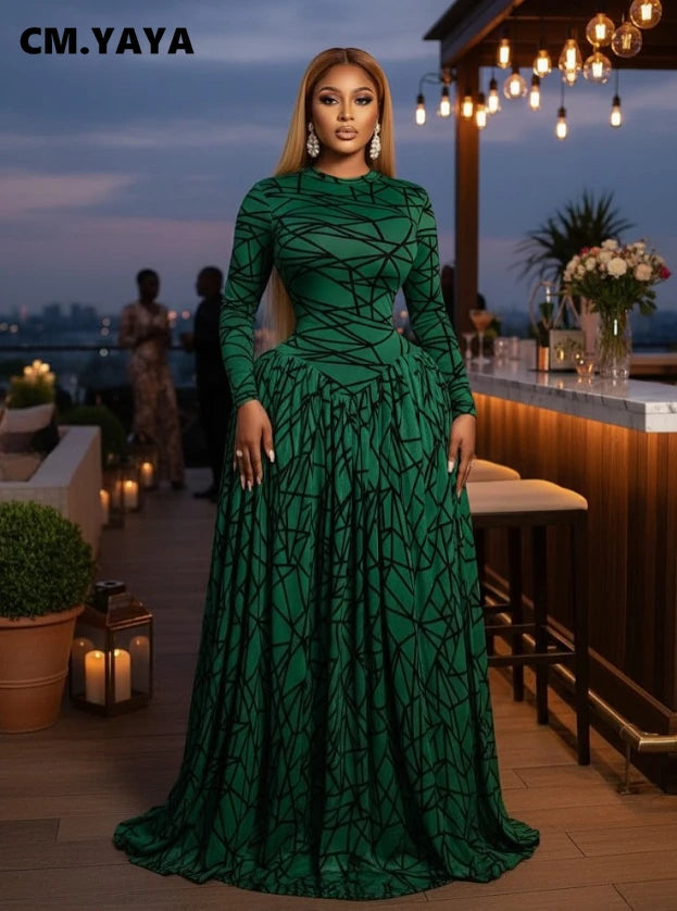 CM.YAYA Women Full Sleeve Printed O-neck Maxi Long Dress 2026 Evening Birthday Vacation Sexy Party Club Vestidos Dresses