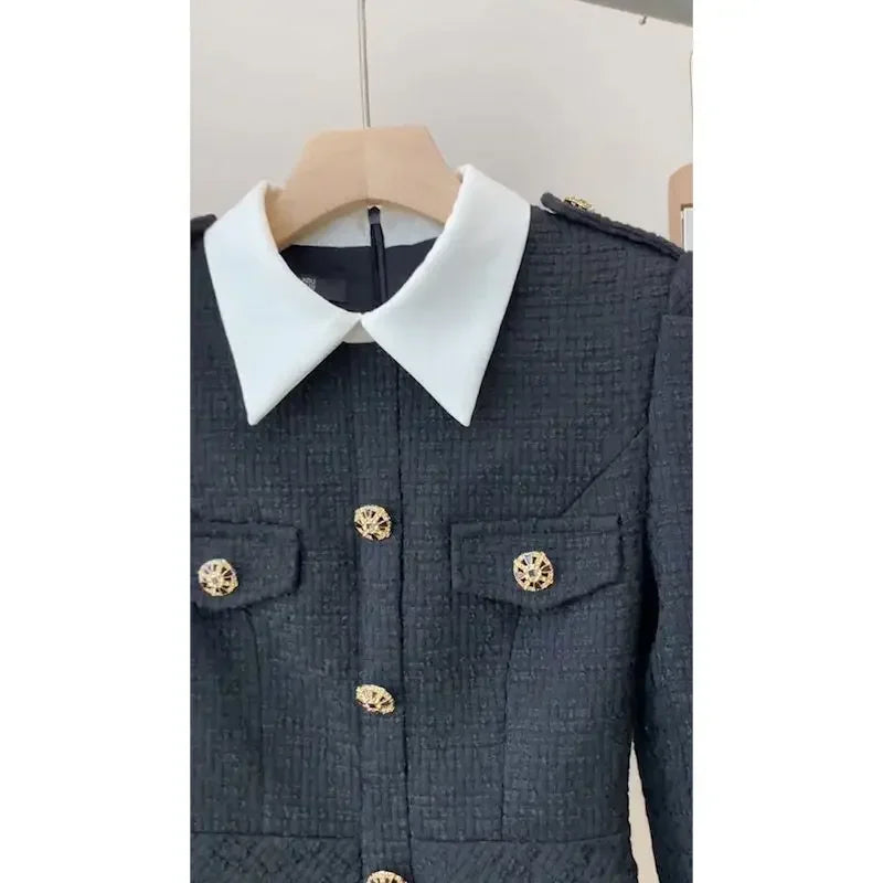 French High end Black Dress Autumn New Korean Fashion Commuter Polo Neck Long Sleeve Slimming A-line Mini Dresses for Women