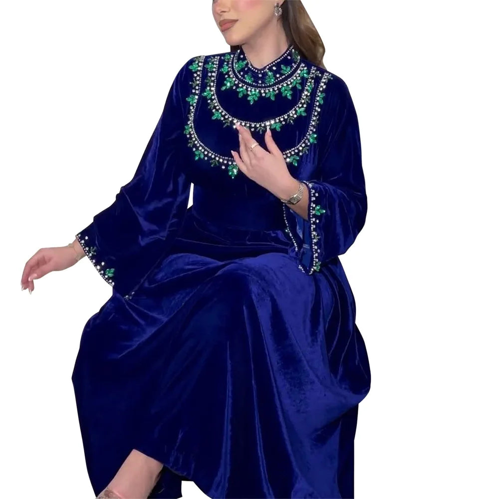 Velvet Autumn Winter Morocco Luxury Muslim Women Abaya V-neck Maxi Dress Turkey Arabic Islamic Kaftan Dubai Evening Party Kaftan