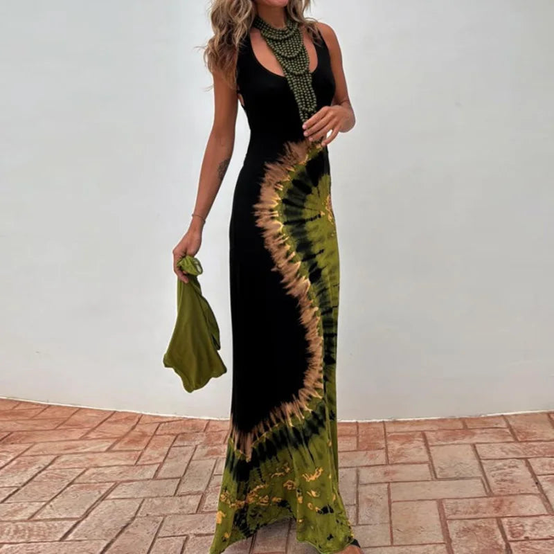Summer Women Sleeveless Holiday Maxi Dress, Hollow Sexy Patchwork Party Dress, 2025 Printed Fashion Simple Ladies Dress Vestidos
