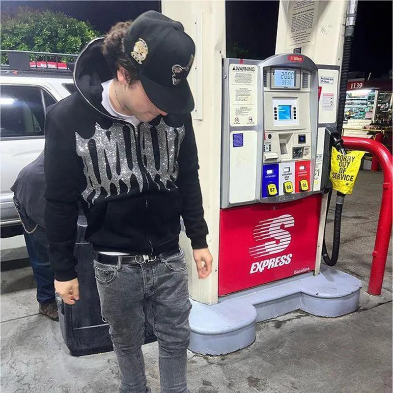 Men Y2K Fashion Hoodie Monster Horn Rhinestones Hoodie Clothes Hoodies Goth Grunge Long Sleeve Women Sweatshirt Oversized Tops