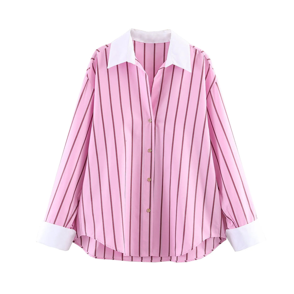 HH 2026 Female Fashion Versatile Blouse Top Women Spring Pink Striped Lapel Long Sleeve Single Breasted Decoration Casual Shirt