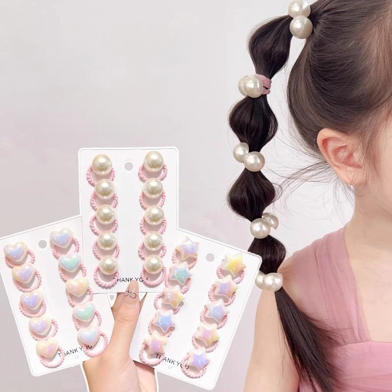 10/20/30PCS Children Girls Pearl Hair Ties Heart Star Shaped Elastic Stretchy Hair Bands for Toddler Kids Girls Ponytail Holder