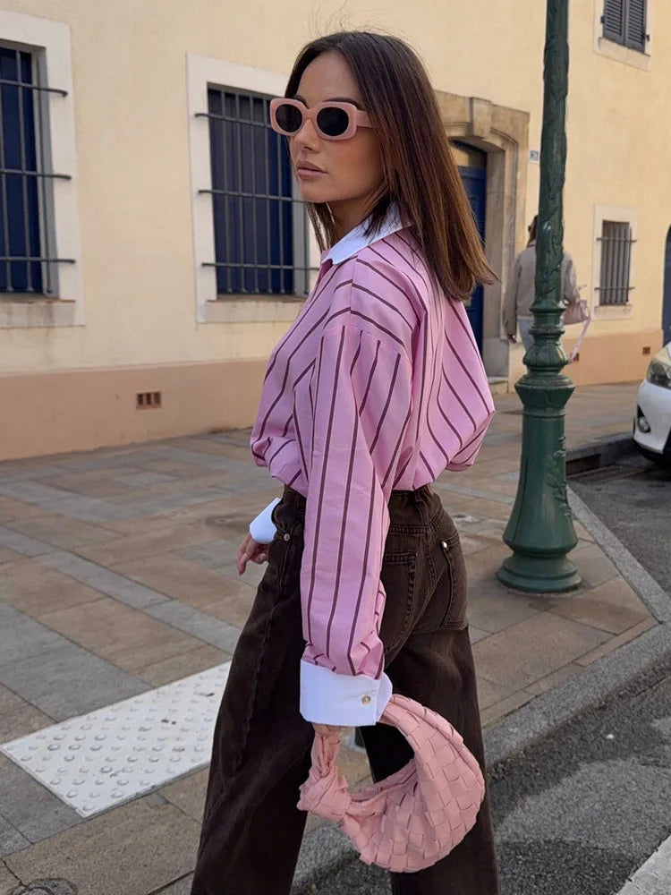 HH 2026 Female Fashion Versatile Blouse Top Women Spring Pink Striped Lapel Long Sleeve Single Breasted Decoration Casual Shirt
