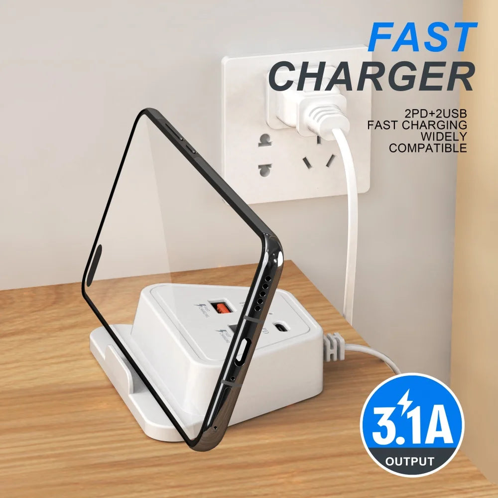 4 in 1 Desktop Charging Station 2PD 2USB Fast Charger Power Strip with EU UK US Plug USB Hub Adapter Socket for Multiple Devices
