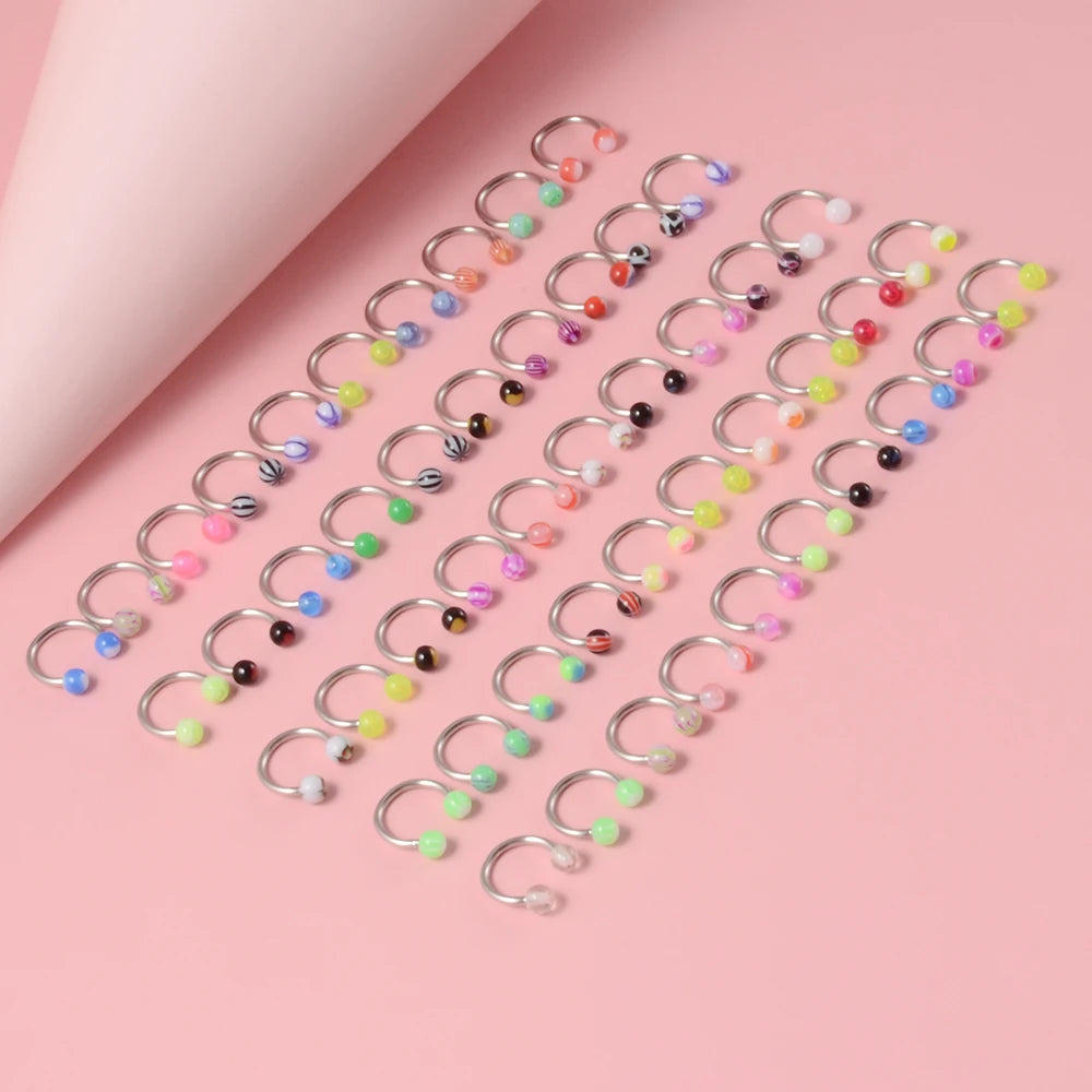 50 Pcs/Lot Mixed Colorful Ball Horseshoe Nose Ring Set Simple Nose Piercing Jewelry Steel Acrylic Nose Studs Body Jewelry