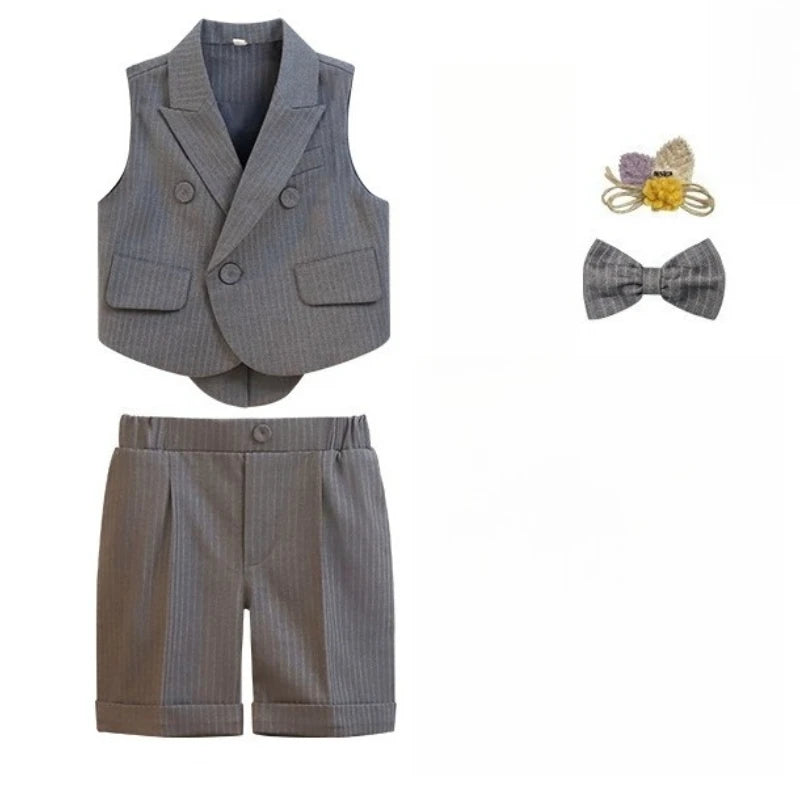 Boys Strap Pants Suit Fashion Gray Stripe Kids Weddings Blazers Set 2-12 Years Children School Uniform Toddler Birthday Outfits