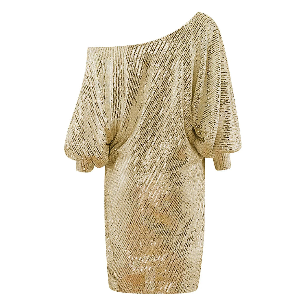 Sequined Party Dresses Women's Sexy One Shoulder Ankle Length Midi Dress Pullover Solid Color Evening Club Party Dress For Women