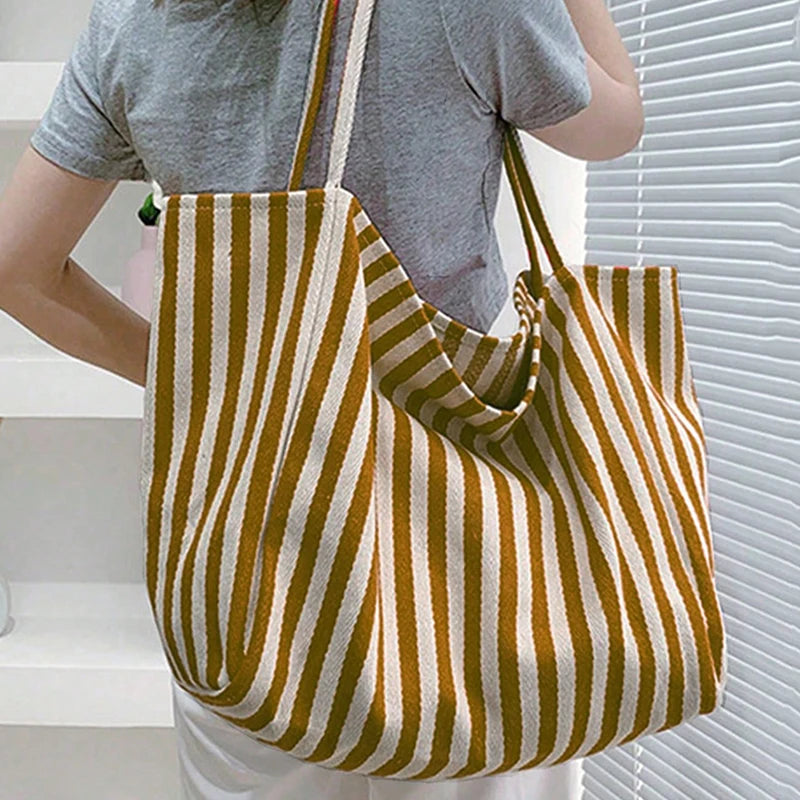 Striped Design Shoulder Bag Large Capacity Canvas Tote Bag for Women Summer Beach Female Casual Travel Handbags