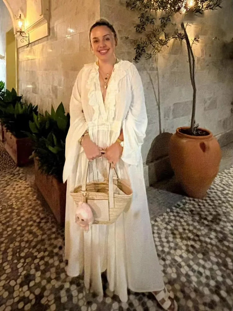 HH Women Summer Fashion Beach Style White Long Dress Long Sleeves Lace-Up Decoration Women's Flounced Edge V-Neck Dresses