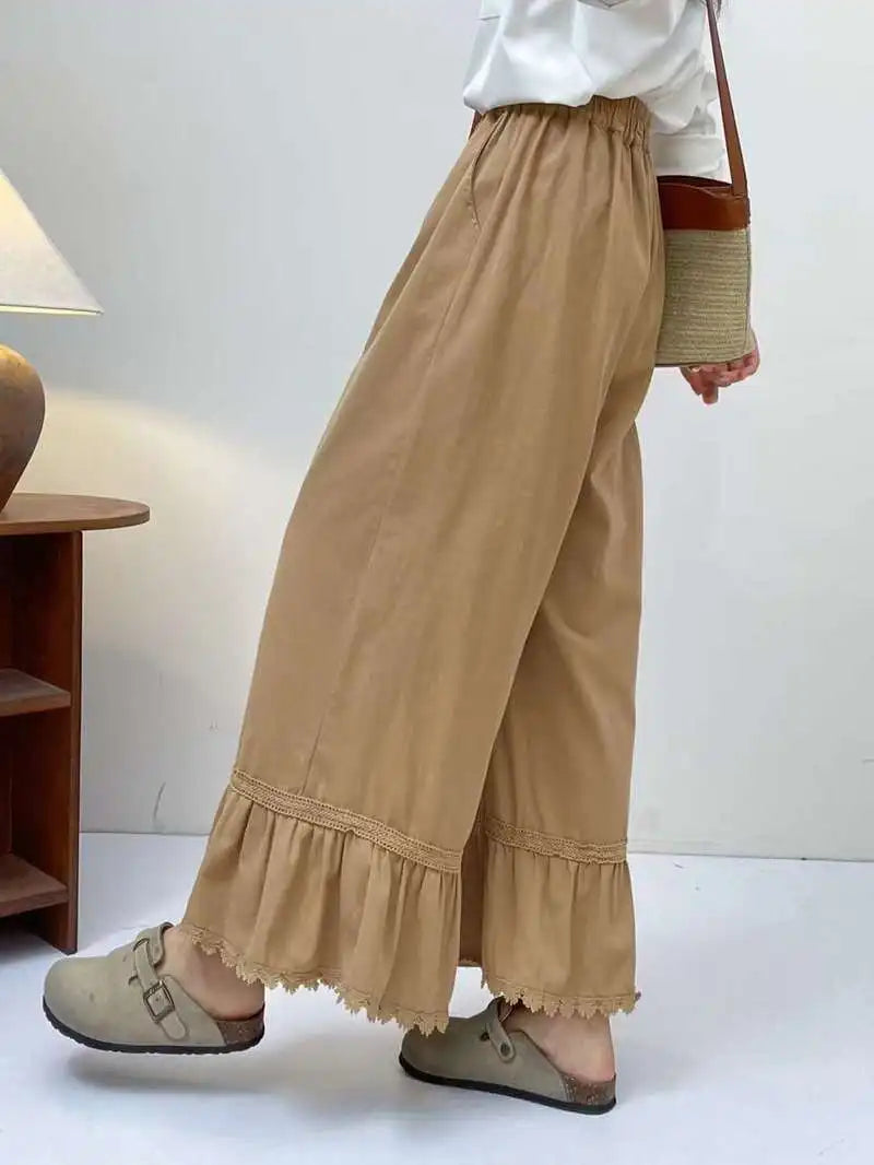 Japanese Sweet Mori Girl Solid Color Lace Hem Wide Leg Pants Women Autumn New Elastic Waist Casual Loose Straight Pants