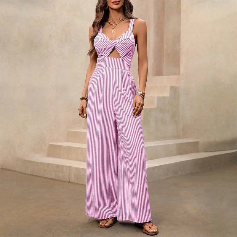 2026 new women's jumpsuit with elegant striped suspender comfortable hollow out fashionabl ev-neck sweet and versatile jumpsuit