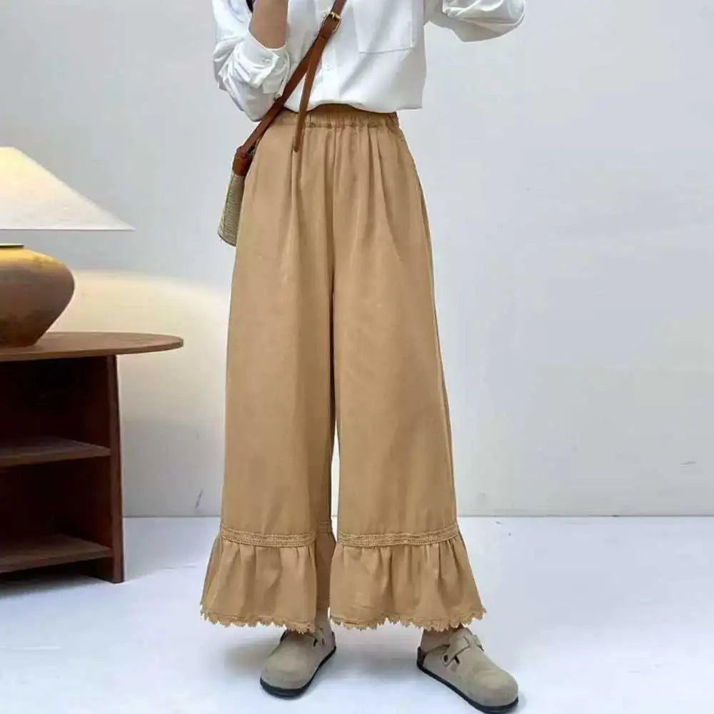 Japanese Sweet Mori Girl Solid Color Lace Hem Wide Leg Pants Women Autumn New Elastic Waist Casual Loose Straight Pants
