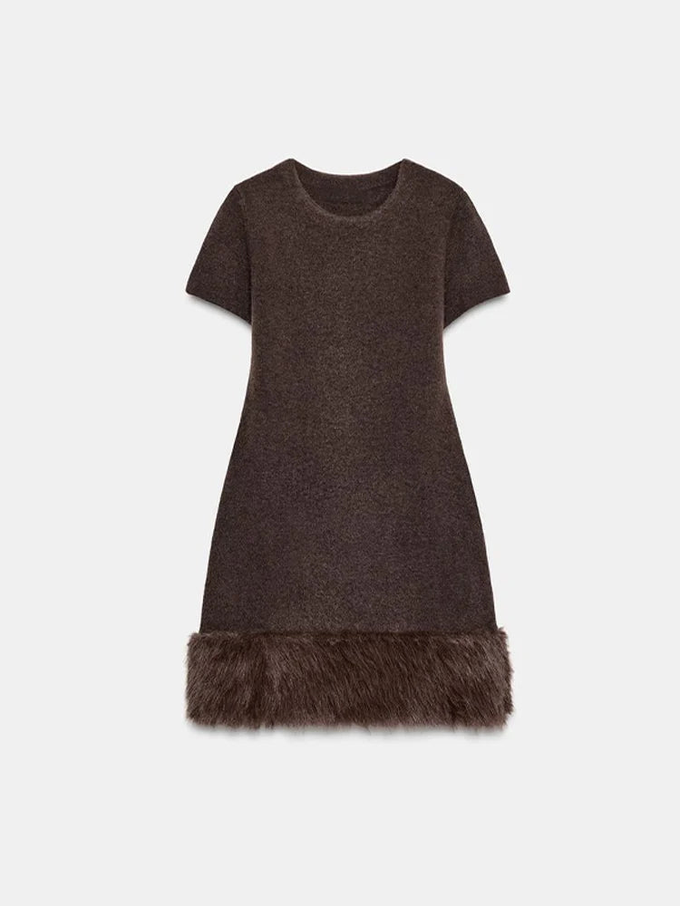 Sexy Fur Patchwork Party Dress Women Brown Slim Short Sleeve O-neck Short Dresses 2025 Fashion Evening Solid Robe Lary