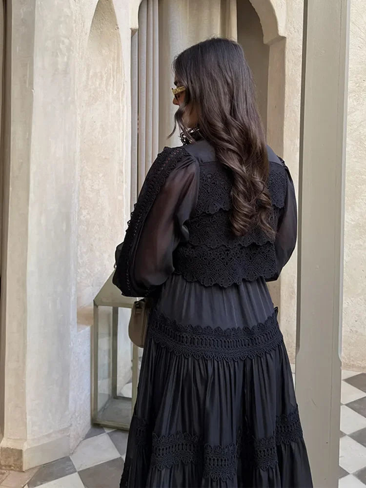 Hollow Out Women's Long Dresses Lantern Sleeves Lace Up Pearl Single Breasted Vestidos Spring Female Solid Elegant Robe 2026