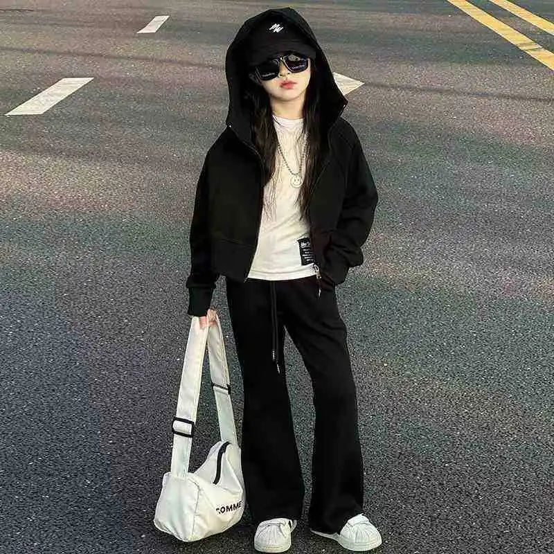 2026 winter spring teenager kids girl Children set Clothes crop top Hooded + black Straight pants 4 6 7 8 9 10 11 12 14 15 Year