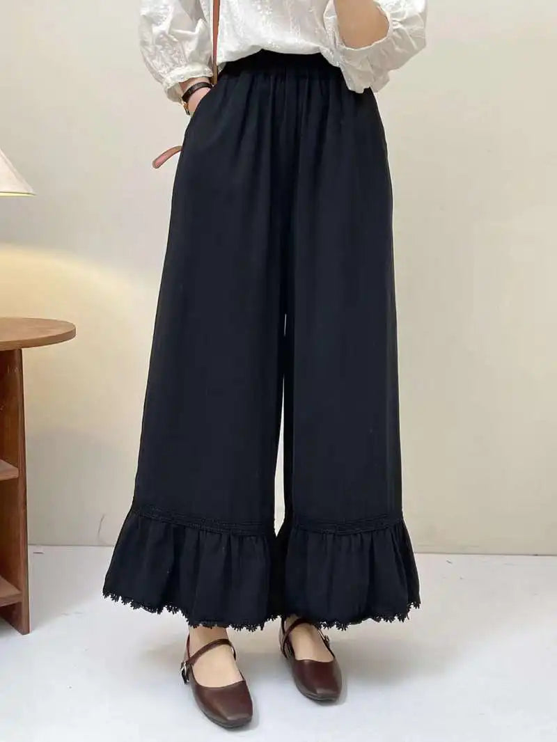 Japanese Sweet Mori Girl Solid Color Lace Hem Wide Leg Pants Women Autumn New Elastic Waist Casual Loose Straight Pants