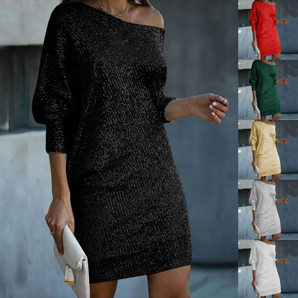 Sequined Party Dresses Women's Sexy One Shoulder Ankle Length Midi Dress Pullover Solid Color Evening Club Party Dress For Women