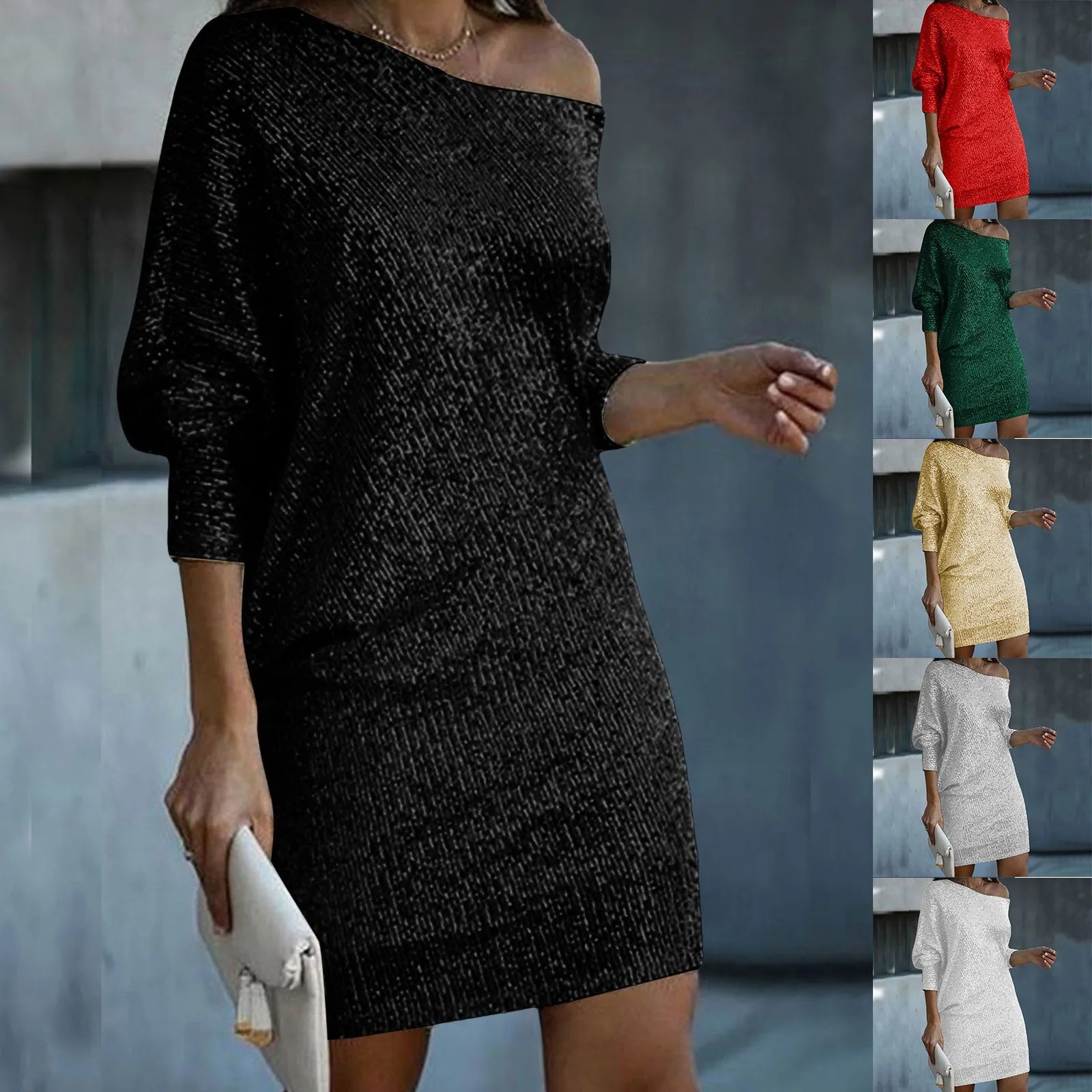 Sequined Party Dresses Women's Sexy One Shoulder Ankle Length Midi Dress Pullover Solid Color Evening Club Party Dress For Women