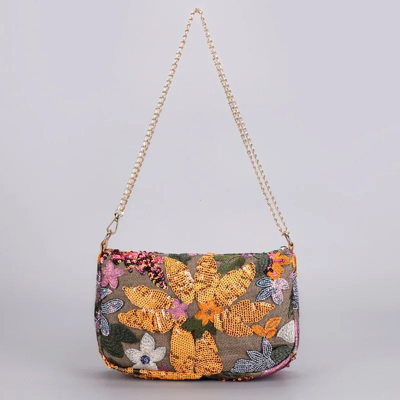 Cute Flower Embroidery Women Shoulder Bags Fashion Sequin Chains Crossbody Bag Summer Casual Beach Bag Hobos Handbag and Purse
