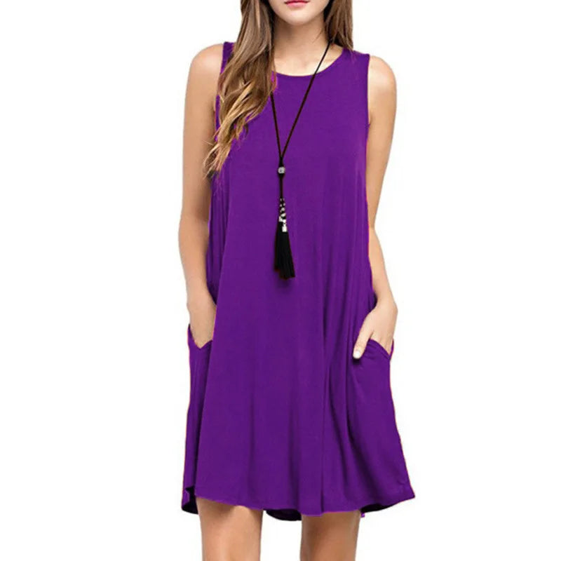 Women Dress Summer Casual Sleeveless T Shirt Dresses Beach Cover Up Plain Pleated Tank Pockets Dress Vacation Style