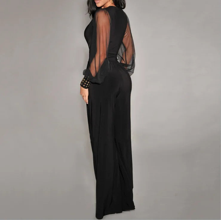 Spring Summer Fashion Sexy Women's Jumpsuit Elegant Solid Color Deep V Neck Lace Lantern Sleeves Splicing Rivet Slim Jumpsuits