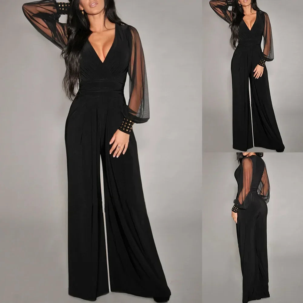 Spring Summer Fashion Sexy Women's Jumpsuit Elegant Solid Color Deep V Neck Lace Lantern Sleeves Splicing Rivet Slim Jumpsuits