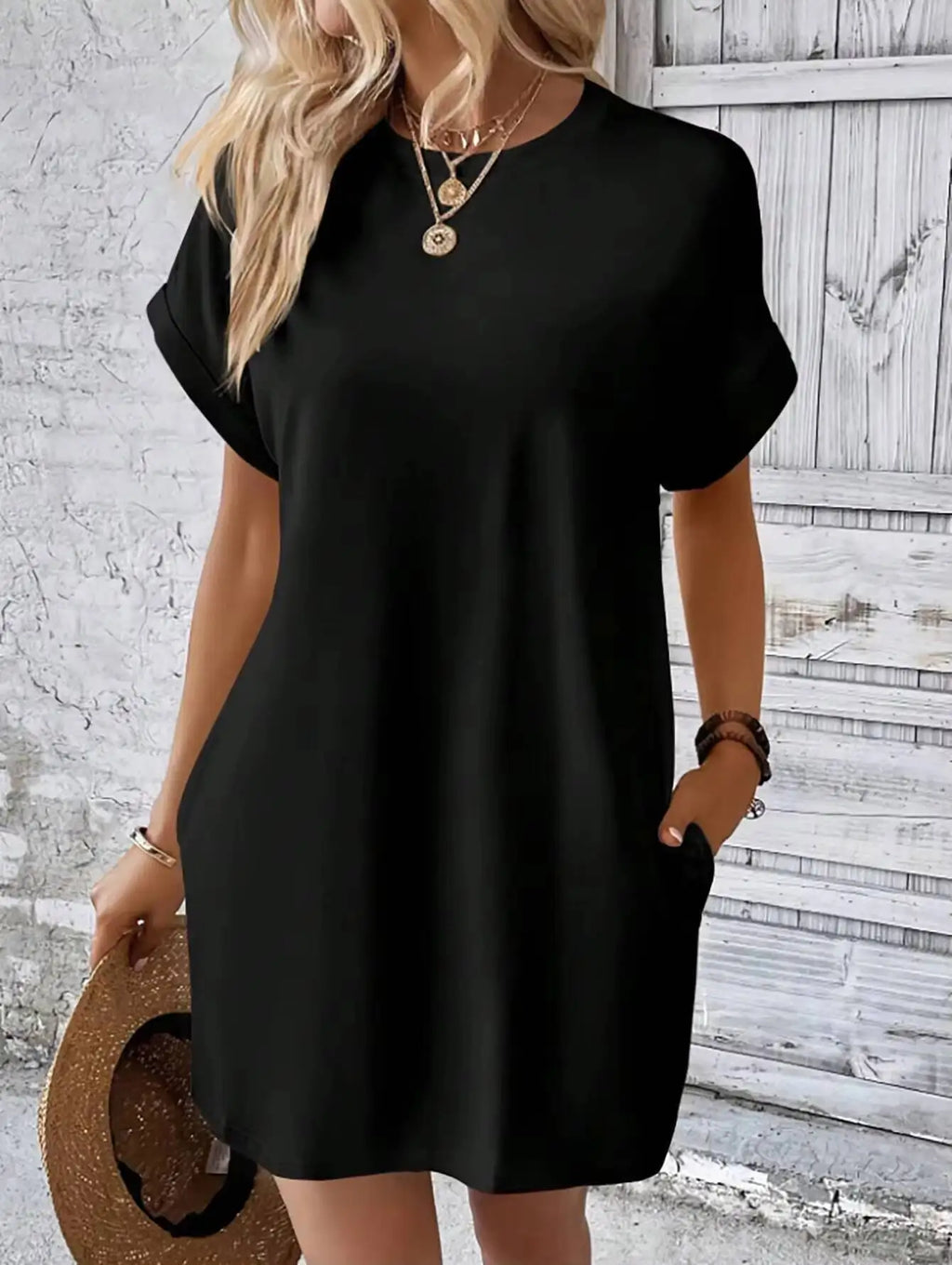 Mini Dress Spring Summer Women Black Short Sleeve Round Neck Loose Casual T-Shirt Dress with Pockets