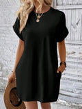 Mini Dress Spring Summer Women Black Short Sleeve Round Neck Loose Casual T-Shirt Dress with Pockets
