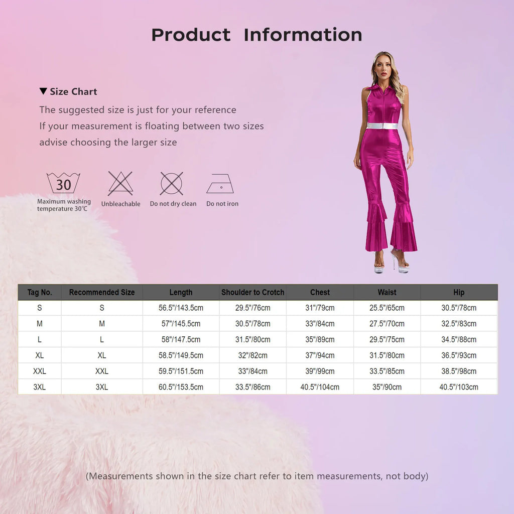 70 80s Disco Classical Vintage Jumpsuit Women Shiny Metallic High Waist Flared Bell-bottomed Rompers Playsuits for Dance Cosplay