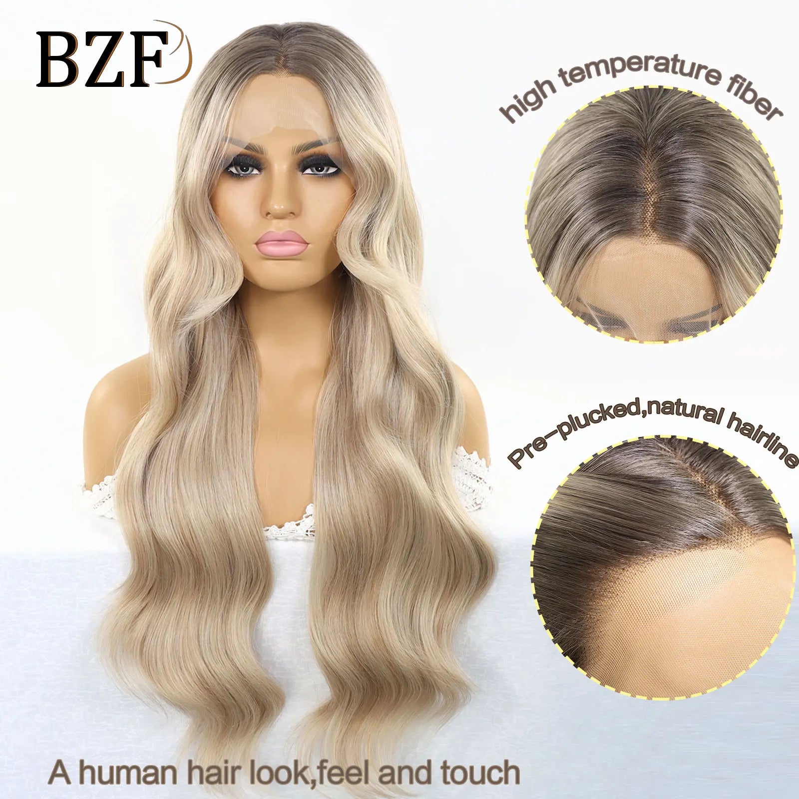 28 Inch Blonde Highlight Synthetic Lace Front Wigs Brown Body Wave Colored Glueless Wig Heat Resistant Hair For Women Daily Use