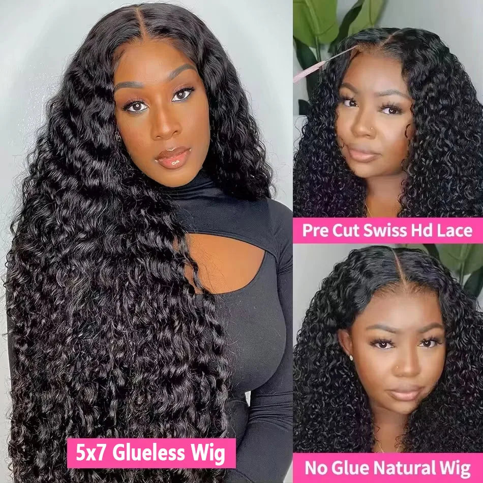 5x7 Glueless Human Hair Wigs Brazilian Water Wave Lace Front Wigs For Women Kinky Curly Wigs Human Hair Ready To Go Wear Plucked
