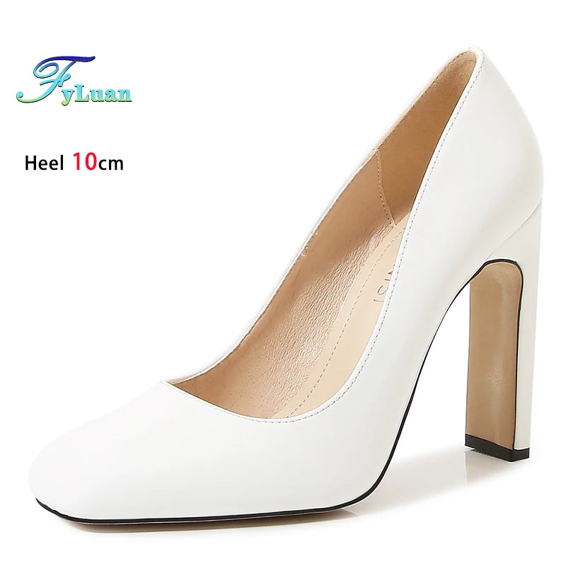 Square Head Single Shoes For Women 10CM Thick Heeled Shallow Mouth Model Shoes Designer 2025 Office Lady Pumps Summer High Heels