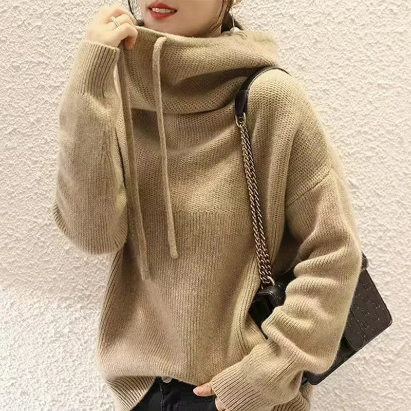 Hoodies Sweater Women Pullover Hooded Thick Knitting Top Drawstring Knitwear Autumn Winter Knitted Tops Jumper Office Lady 2025