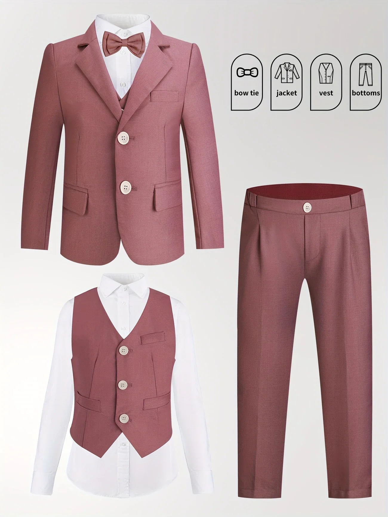 Gentleman Kids Spring White 4Pieces/Set Jacket Vest Pants Bowtie 4Pieces Wedding Suit Boys Photography Dress Children Costume