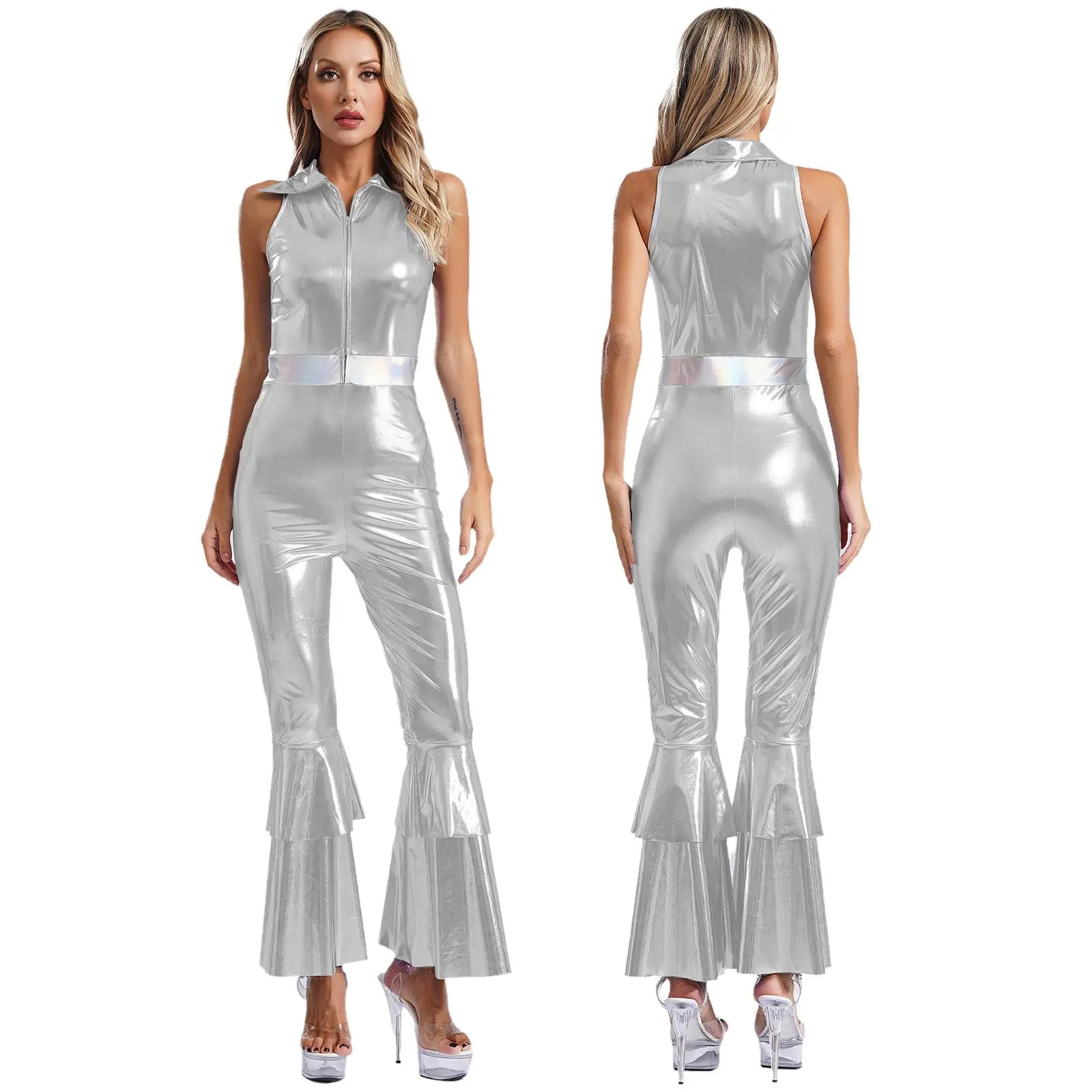 70 80s Disco Classical Vintage Jumpsuit Women Shiny Metallic High Waist Flared Bell-bottomed Rompers Playsuits for Dance Cosplay