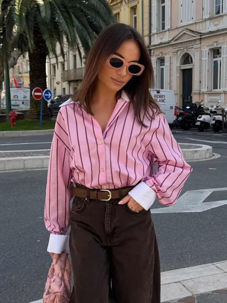 HH 2026 Female Fashion Versatile Blouse Top Women Spring Pink Striped Lapel Long Sleeve Single Breasted Decoration Casual Shirt