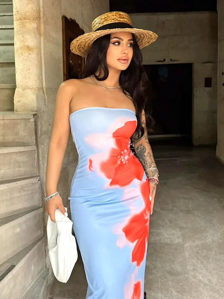 Sexy Strapless Print Tube Maxi Dress Women Off Shoulder Backless Stretch Long Sundress 2025 Summer Beach Y2K Clothes