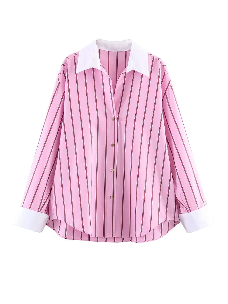 HH 2026 Female Fashion Versatile Blouse Top Women Spring Pink Striped Lapel Long Sleeve Single Breasted Decoration Casual Shirt