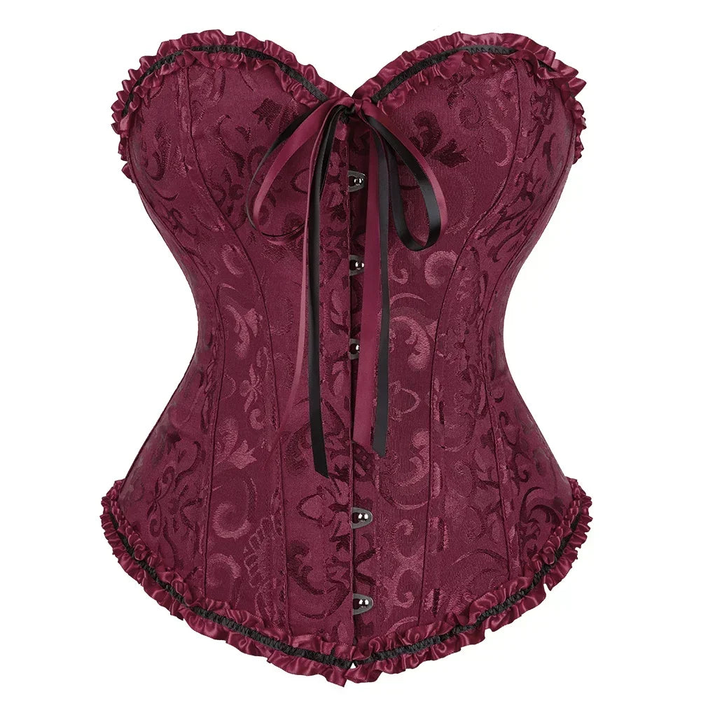 Corset Top Plus Size Women Bustier Overbust Sexy Lace up Floral Lingerie Vintage Gothic Victorian Fashion Black Red DropShipping