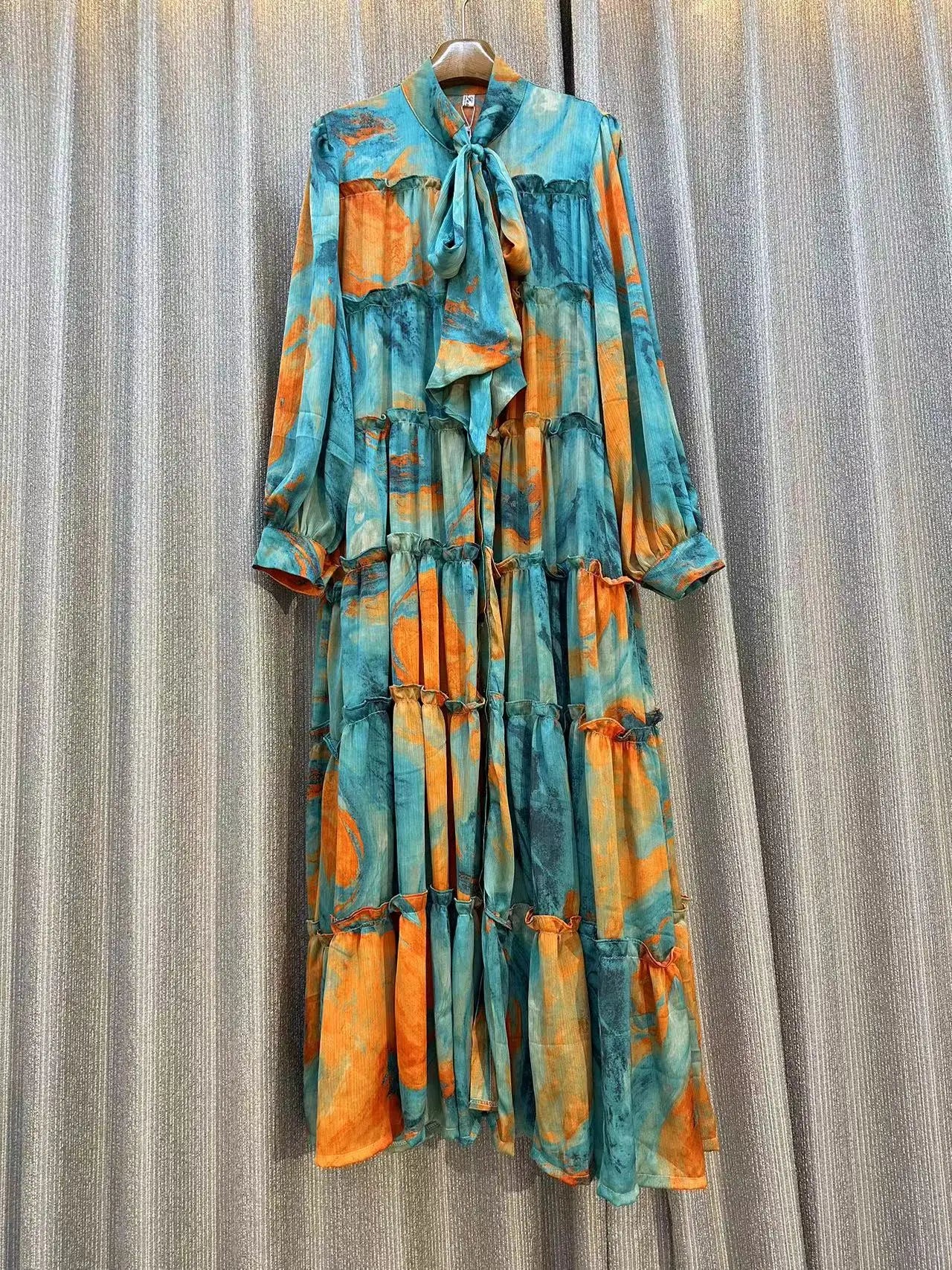 Clearance Temperament Women Lantern Long Sleeves O-Neck Slim Single Breasted Print Maxi Dress Elegant Vintage Chic Spring Dress